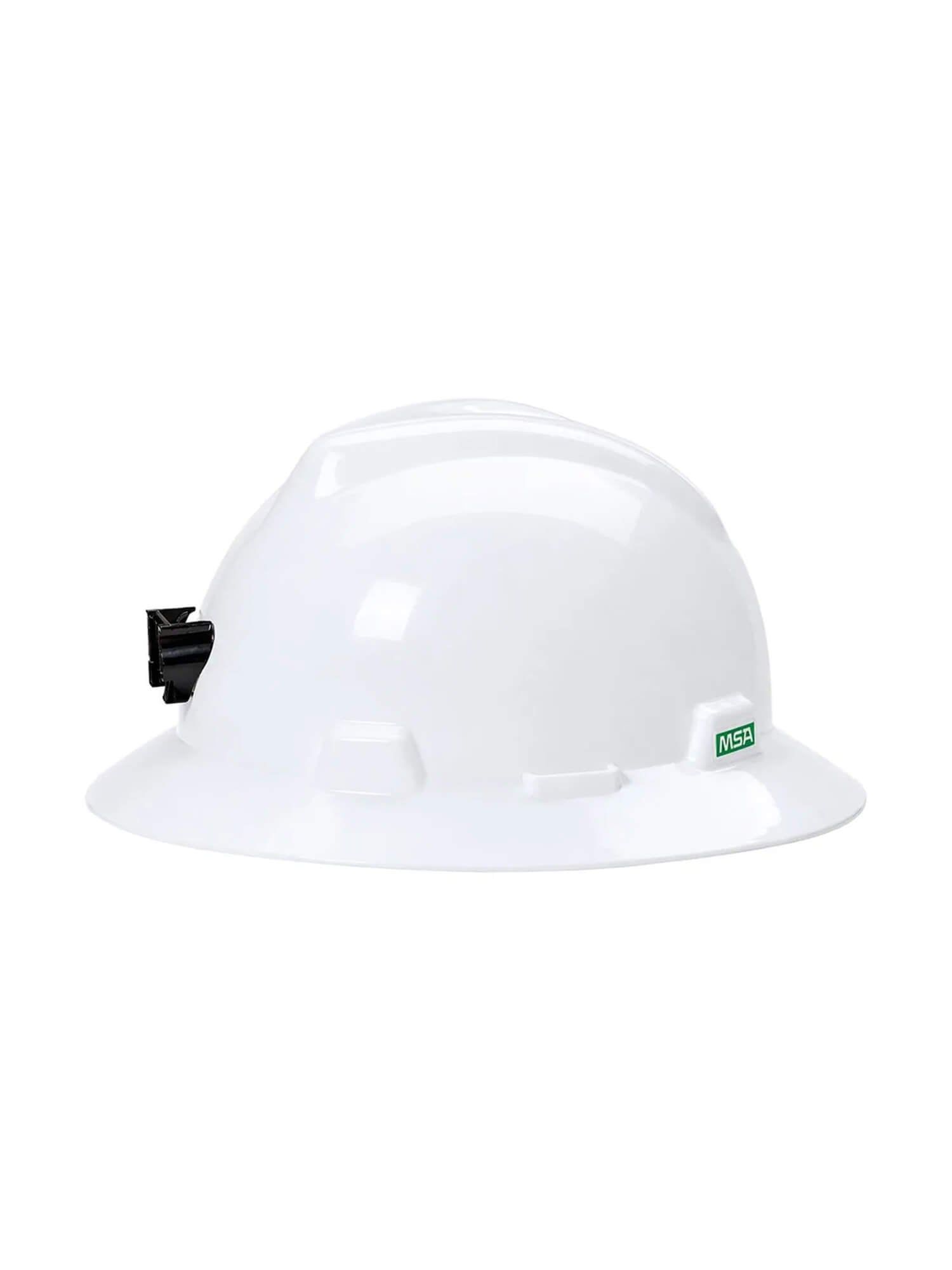 Casco de Seguridad MSA Ala V-Gard Blanco con Porta Lámpara y Porta Cable — Tipo I, Clase E 20.000V, Ajuste Fas-Trac® III