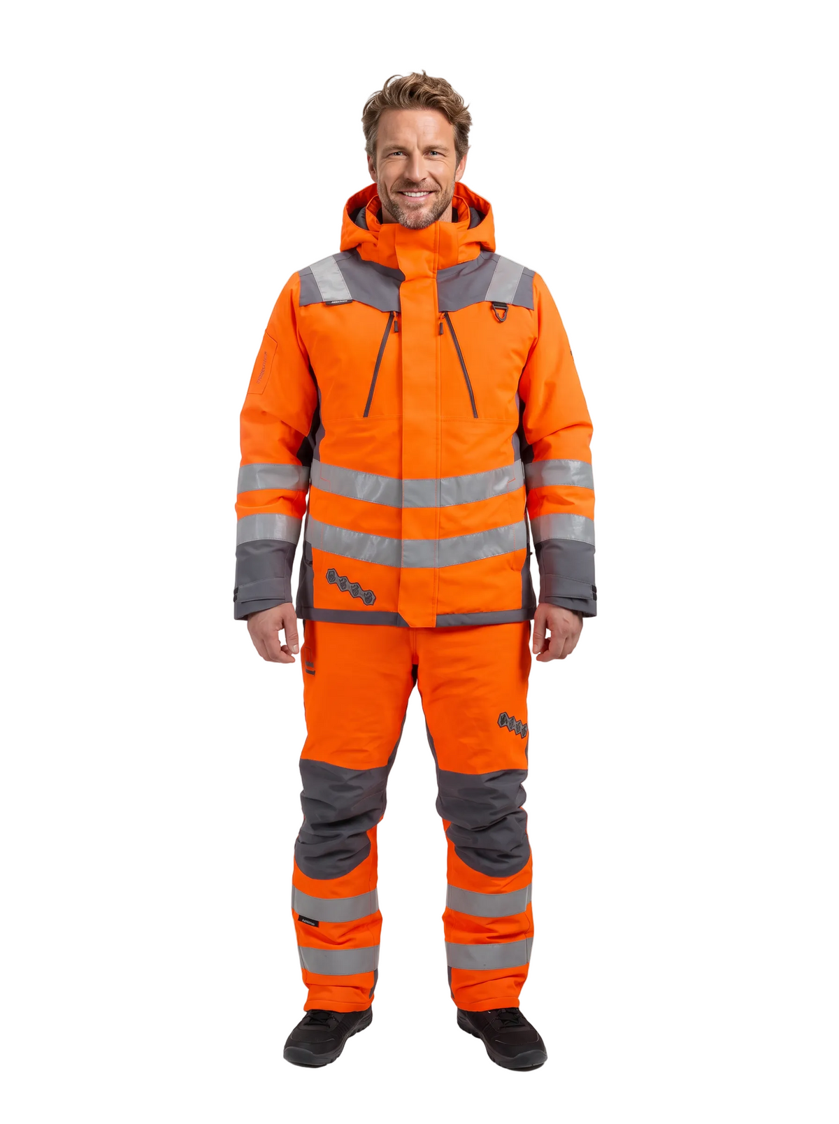 Conjunto Orbital Peregrin hombre naranja alta visibilidad, parka y jardinera, vista frontal