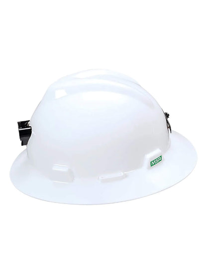 Casco de Seguridad MSA Ala V-Gard Blanco con Porta Lámpara y Porta Cable — Tipo I, Clase E 20.000V, Ajuste Fas-Trac® III