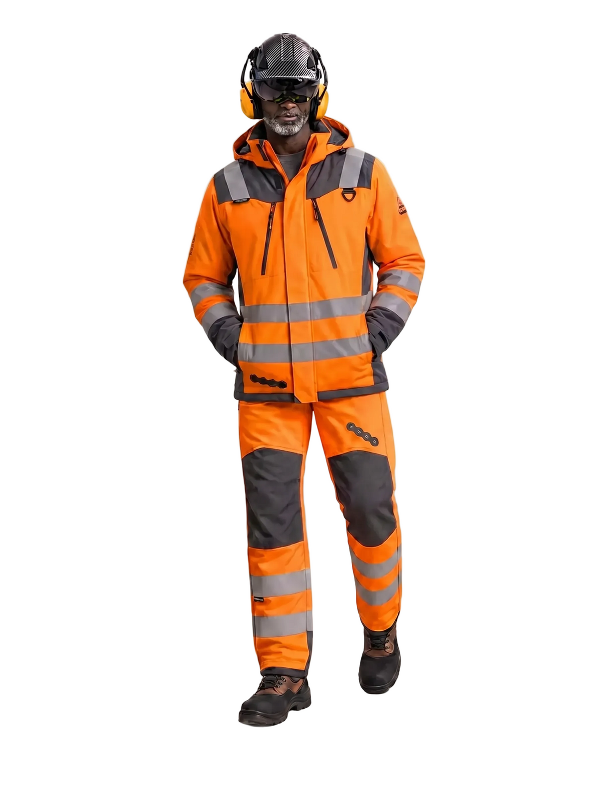 Conjunto Orbital Peregrin hombre naranja alta visibilidad, catálogo sobre fondo blanco
