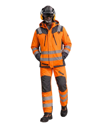 Conjunto Orbital Peregrin hombre naranja alta visibilidad, catálogo sobre fondo blanco