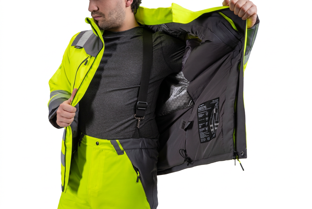 Conjunto Orbital Peregrin hombre amarillo flúor sobre fondo blanco, parka y jardinera