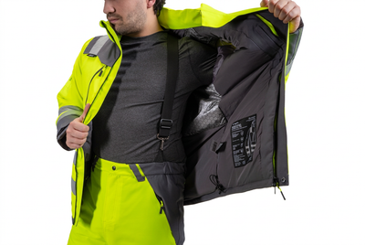 Conjunto Orbital Peregrin hombre amarillo flúor sobre fondo blanco, parka y jardinera