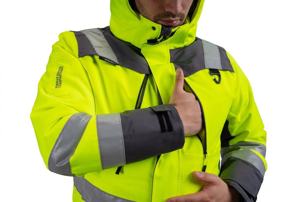 Conjunto Orbital Peregrin hombre amarillo flúor high vis, catálogo en fondo blanco