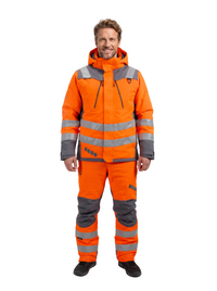 Conjunto Orbital Peregrin hombre naranja alta visibilidad, parka y jardinera, vista frontal