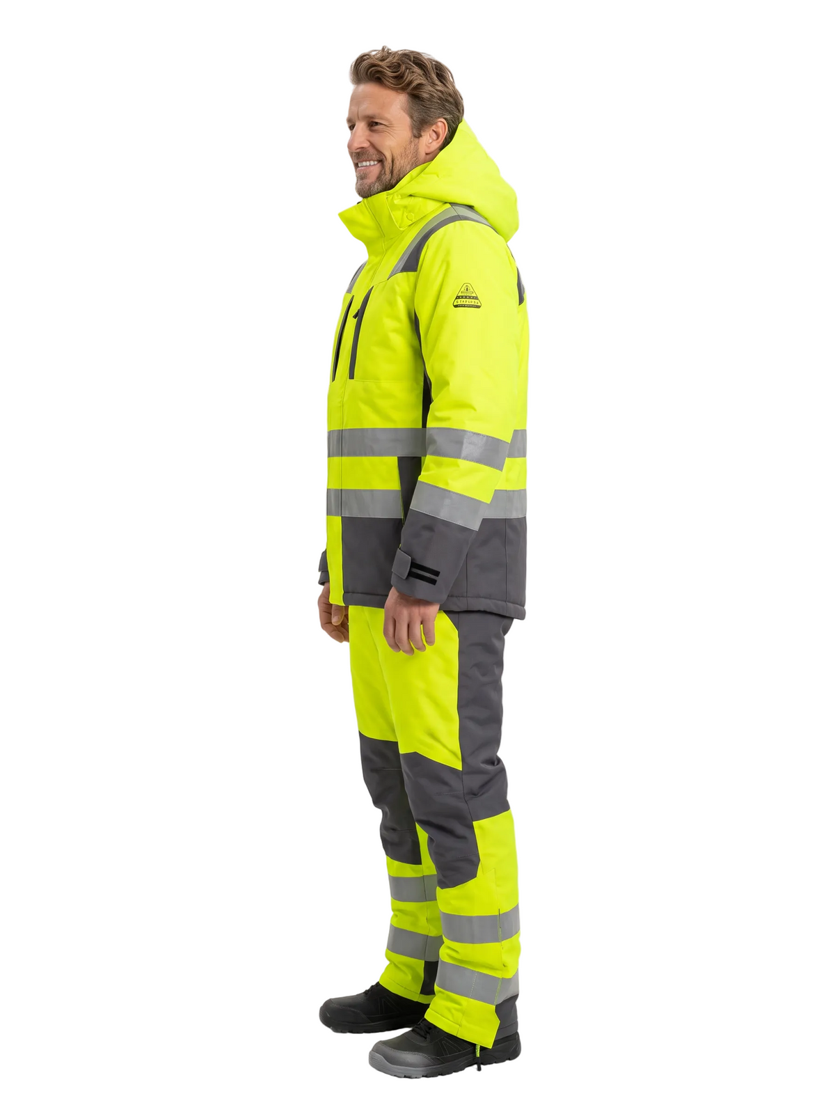 Conjunto Orbital Peregrin hombre amarillo flúor, vista lateral sobre fondo blanco