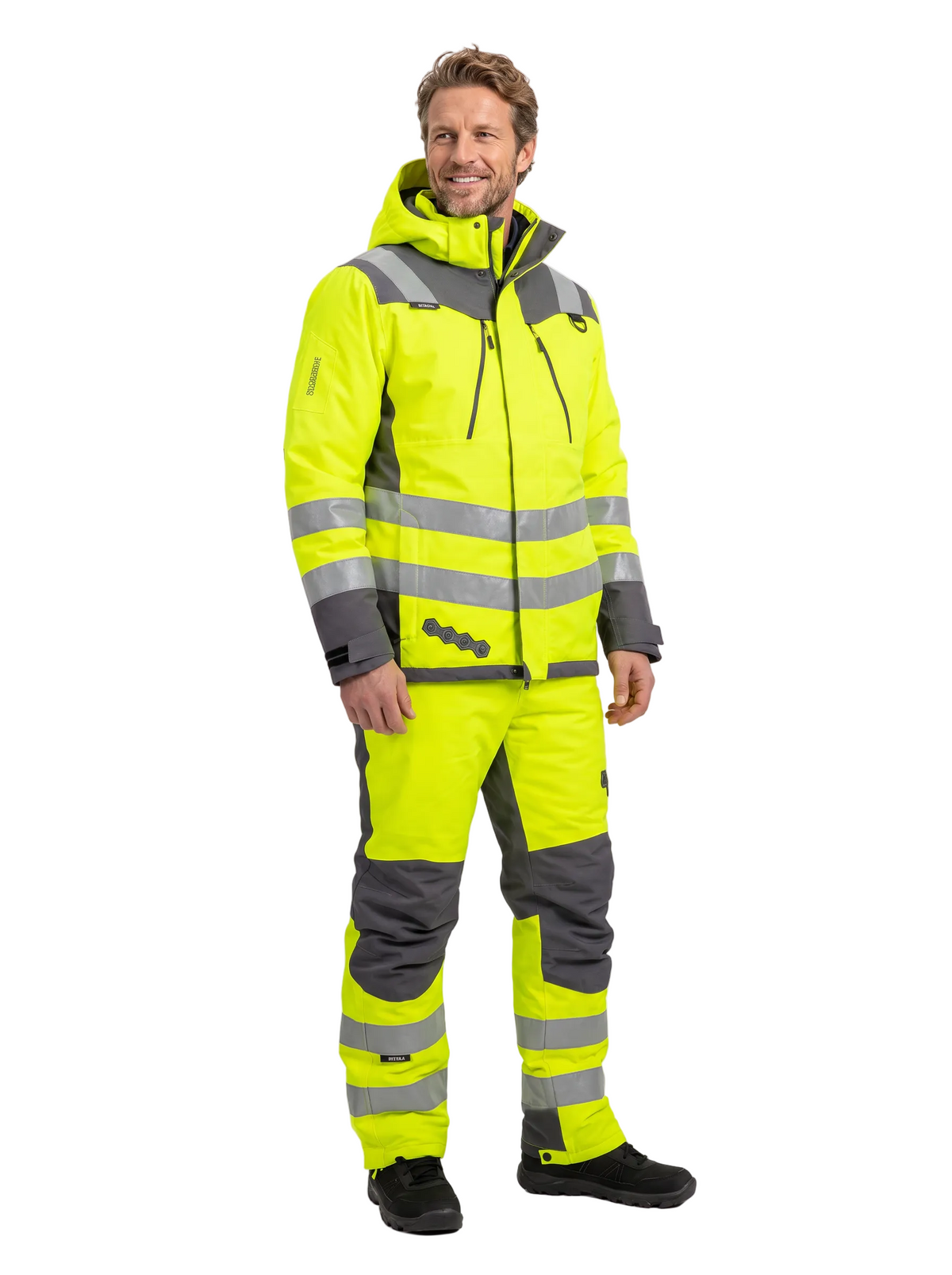 Conjunto Orbital Peregrin hombre amarillo flúor, vista tres cuartos sobre fondo blanco