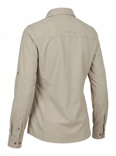 Blusa Técnica Antiácida Mujer OXWEAR Carajás – Tela Elastizada Antidesgarro, UPF 50+ y Slim Fit para Minería y Faena | Beige y Gris - Anditek