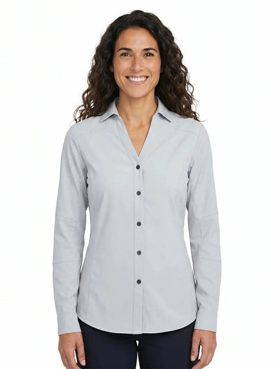 Blusa Técnica Antiácida Mujer OXWEAR Carajás – Tela Elastizada Antidesgarro, UPF 50+ y Slim Fit para Minería y Faena | Beige y Gris - Anditek