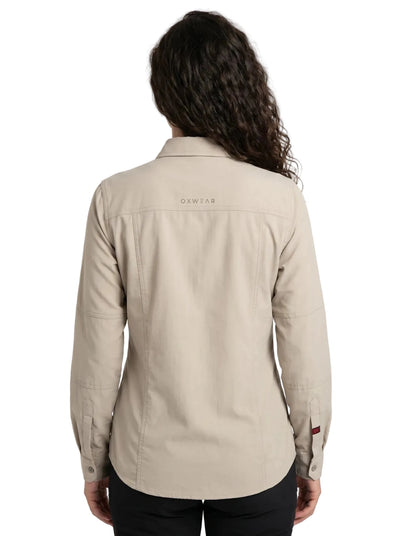 Blusa Técnica Antiácida Mujer OXWEAR Carajás – Tela Elastizada Antidesgarro, UPF 50+ y Slim Fit para Minería y Faena | Beige y Gris - Anditek