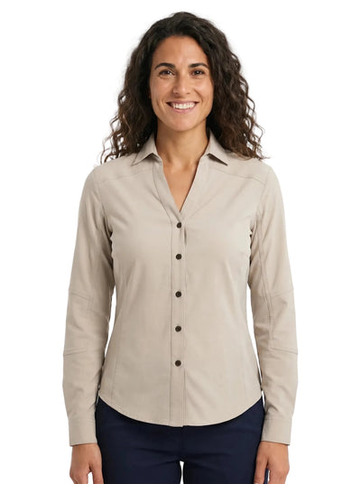 Blusa Técnica Antiácida Mujer OXWEAR Carajás – Tela Elastizada Antidesgarro, UPF 50+ y Slim Fit para Minería y Faena | Beige y Gris - Anditek