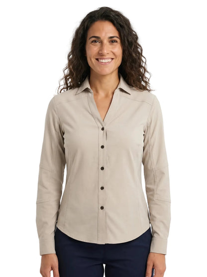 Blusa Técnica Antiácida Mujer OXWEAR Carajás – Tela Elastizada Antidesgarro, UPF 50+ y Slim Fit para Minería y Faena | Beige y Gris - Anditek